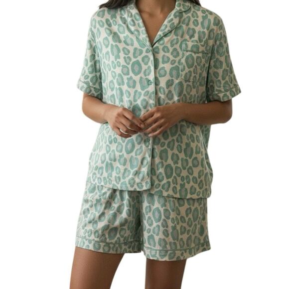 Mary Square Mint Green Leopard Print Pajama Set Women’s Large | Cozy - Picture 2 of 6